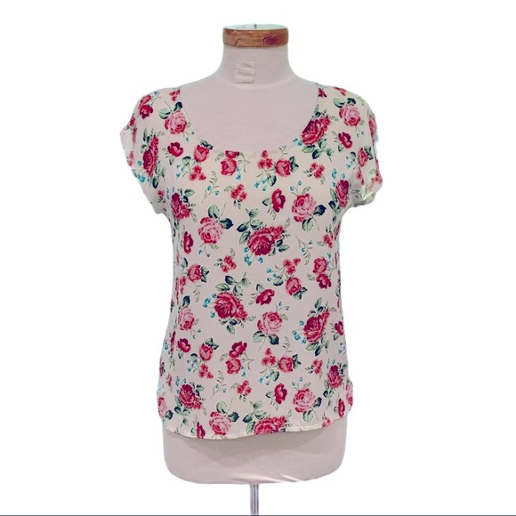 Pink Rose Tops - Boho Chic Cottage Core Flowy Rose Zip Up Blouse S